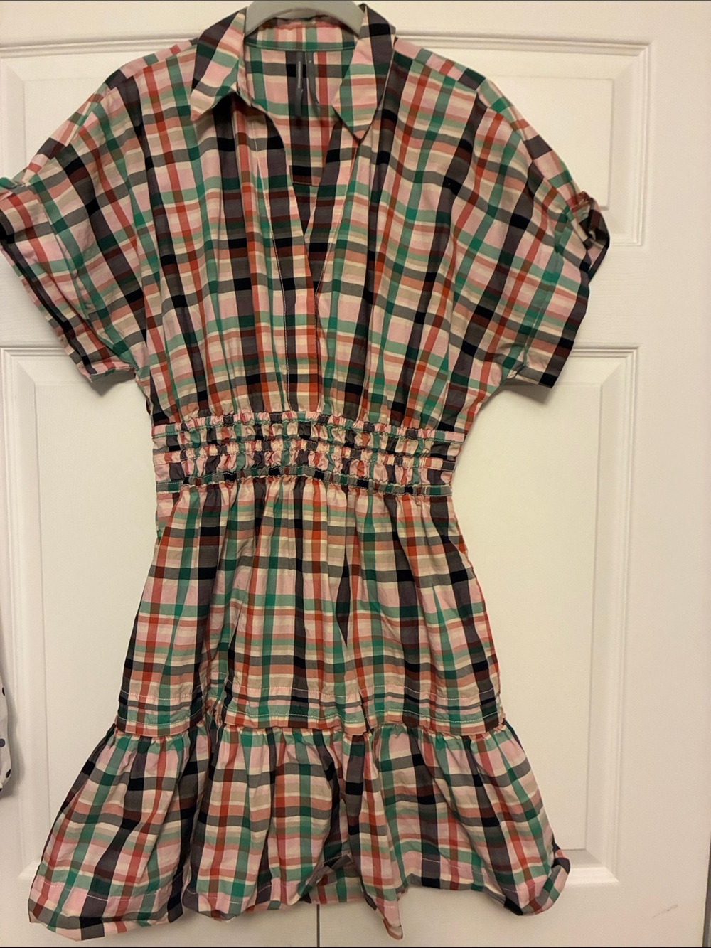Anthropologie The Somerset Plaid Mini Dress Smocked Shirt Edition Green Pink (S)